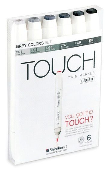 Touch Brush Marker 6stk grå farver, pensel + medium kantet spids - Perfekt til Cozy Coloring