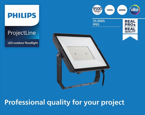 Philips Flomlys, Svart, IP65, Metall, I, U-brakett, 100 W
