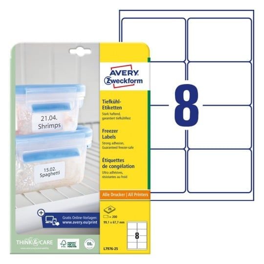Etiketter Avery 99,1 x 67,7 mm, A4, hvite - dypfryste etiketter for merking av frossenmat - (25 ark x 8 stk.)