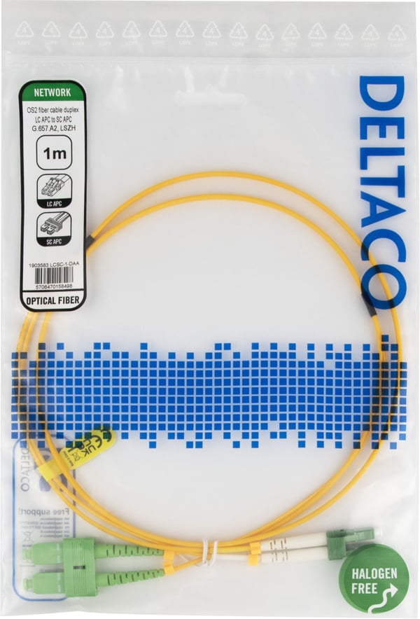 DELTACO - Nettverkskabel - LC/APC-enkeltmodus (hann) til SC/APC-enkeltmodus (hann) - 1 m - 1 m - fiberoptisk - dupleks - G.657.A2/OS2 - halogenfri ...