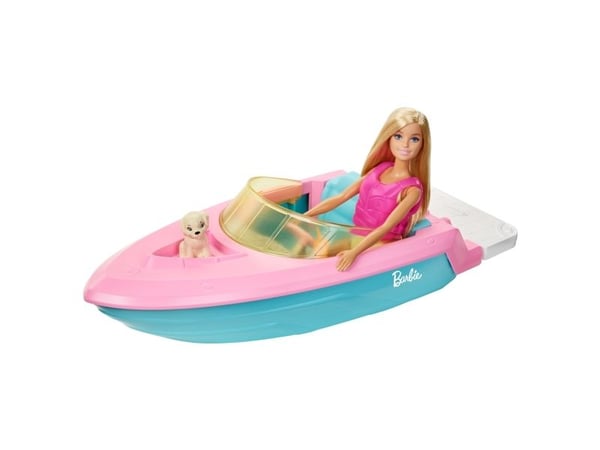 Barbie -nukke ja vene, koiranpentu ja tarvikkeita, kelluu vedessä, 3–7-vuotiaille, Nuken vene, 3 vuosi/vuosia, 700 g