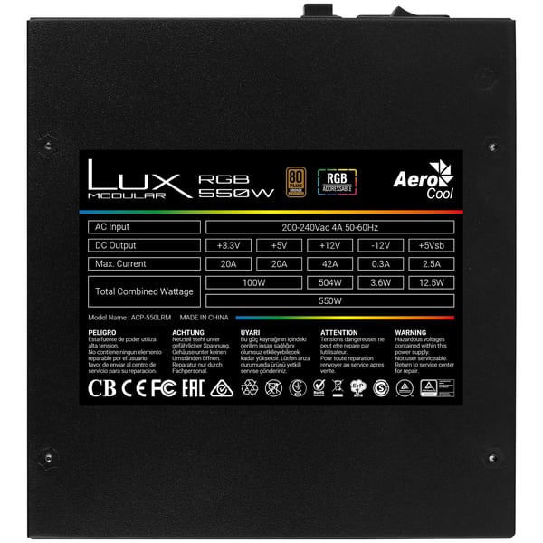 Aerocool LUX RGB 550M, 550 W, 200 - 240 V, 50 - 60 Hz, 4 A, 100 W, 504 W, 504 W