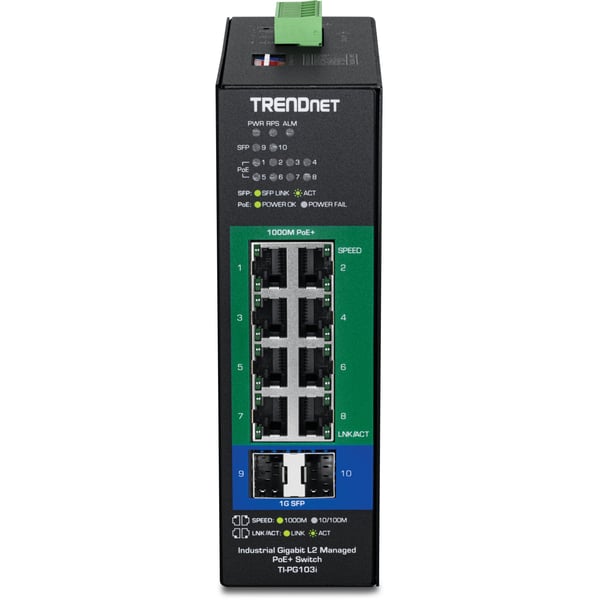TRENDnet TI-PG103I - Version V1 - switch - industrial, L2, 24-57V - Styrt - 8 x 10/100/1000 (PoE+) + 2 x Gigabit SFP - DIN-skinnemonterbar - PoE+ (...