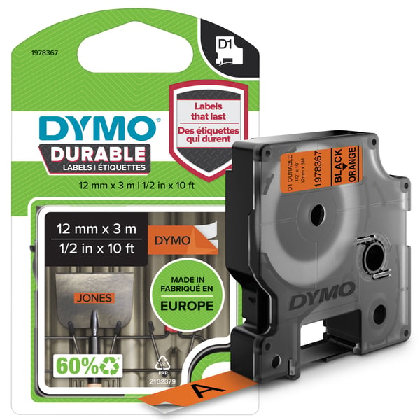 DYMO D1 Durable tape 12 mm x 3 m, sort/orange