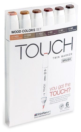 Touch Brush Marker 6stk træfarver, pensel + medium kantet spids - Perfekt til Cozy Coloring