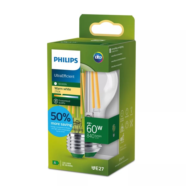 Philips - LED-glödlampa med filament - form: A60 - klar finish - E27 - 4 W (motsvarande 60 W) - klass A - varmt vitt ljus - 2700 K - transparent