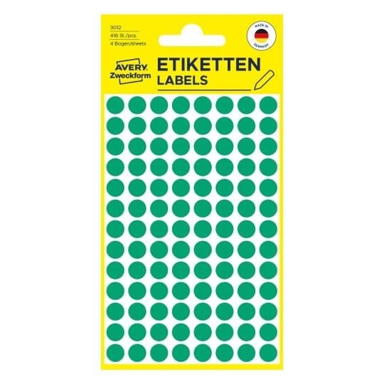Universaletikett Avery 3012 Ø8mm grønn, permanent, fargekodende prikker - (416 stk.)