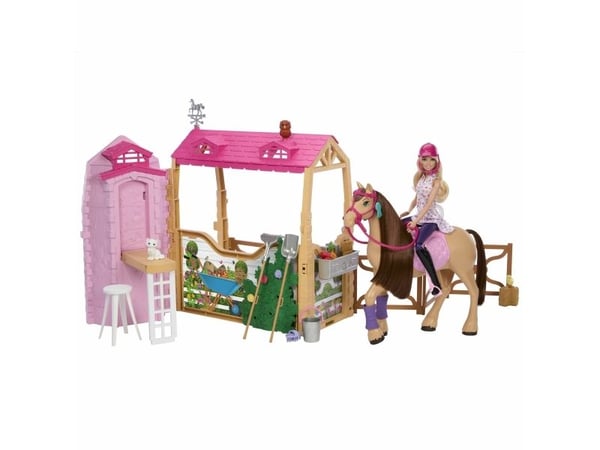 Barbie HXJ44 Great Chase Dream Stable -leikkisetti, nukke ja hevonen, 25+ osaa