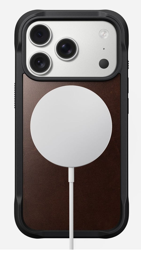 Nomad Rugged-deksel i skinn til iPhone 17 Pro, MagSafe, rustikk brun