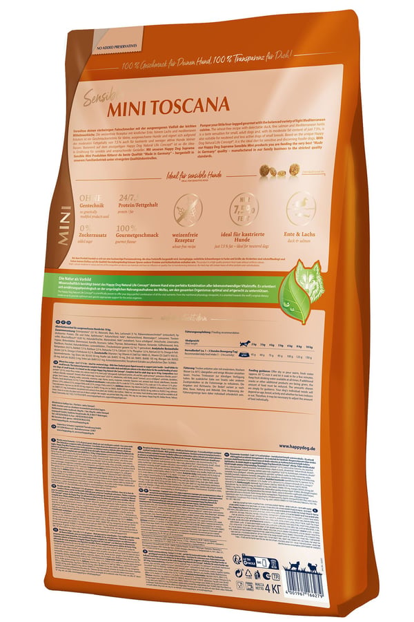 Happy Dog Sensible Mini Toscana 4 kg, Aikuinen, Kaikille roduille, Pieni (5 - 10 kg), Ankka, Lohi, 4 kg, Gluteeniton