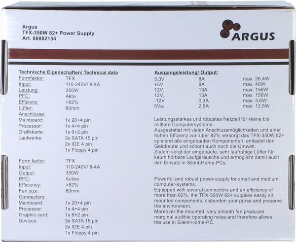 Argus TFX-350W - Strømforsyning (sisäinen) - TFX12V - AC 115/230 V - 350 Watt - aktiv PFC