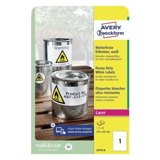 Avery L4775-8, Hvit, Selvklebende skriveretikett, A4, Polyester, Laser, Permanent