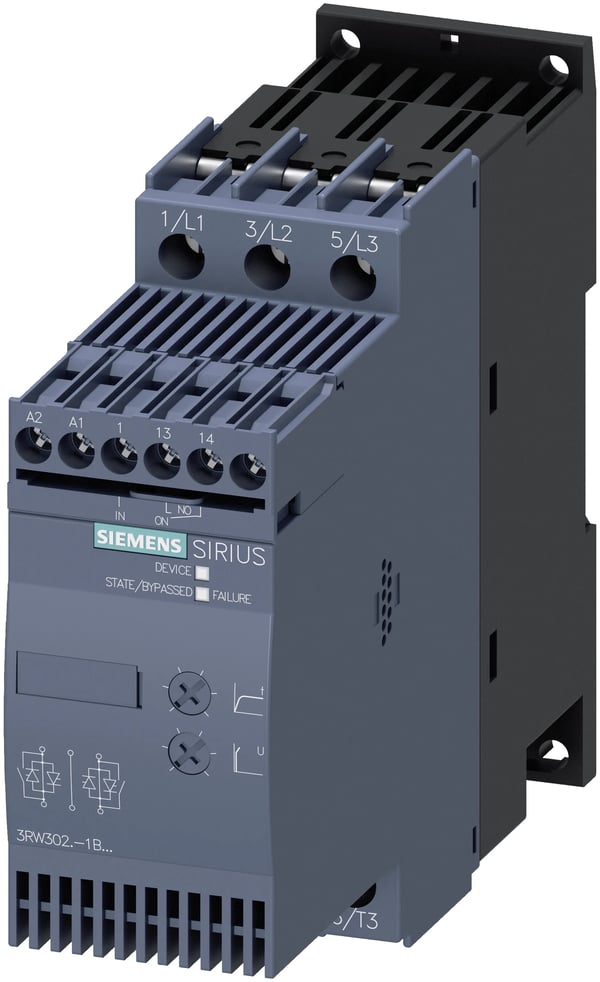Siemens mykstartmotoreffekt ved 400 V 18,5 kW motoreffekt ved 230 V 11 kW 400 V/AC merkestrøm 38 A 3RW3028 (3RW3028-1BB14)