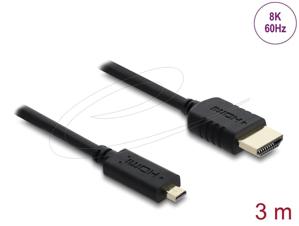 Delock - High Speed - HDMI-kabel - HDMI hann til 19 pin micro HDMI Type D hann - 3 m - tredobbeltskjermet koaksial - svart - 8 K 60 Hz (7680 x 4320...