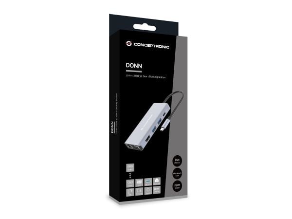 Conceptronic DONN20G, Koblet med ledninger (ikke trådløs), USB 3.2 Gen 1 (3.1 Gen 1) Type-C, 100 W, 3,5 mm, 10,100,1000 Mbit/s, Grå
