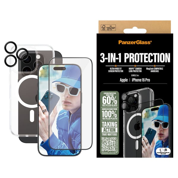 PanzerGlass ® 3-in-1 Protection Bundle iPhone 16 Pro, Apple, Apple - iPhone 16 Pro, Asennus kuivana, Naarmuuntumisenkestävä, Iskunkestävä, Läpinäky...