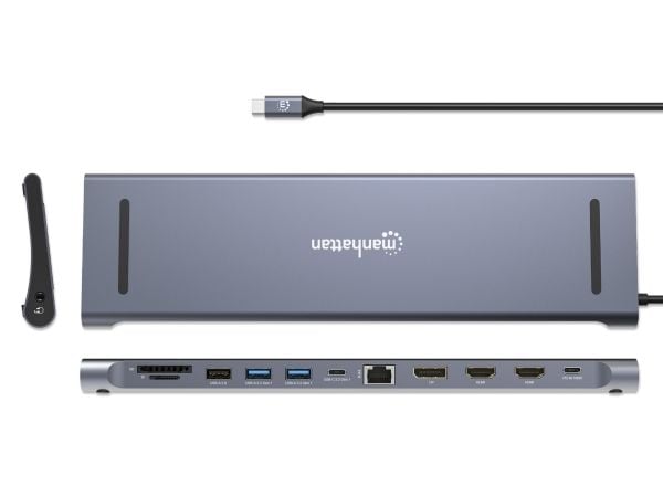 Manhattan 190305, Koblet med ledninger (ikke trådløs), USB 3.2 Gen 1 (3.1 Gen 1) Type-C, 100 W, 10,100,1000 Mbit/s, Sølv, MicroSD (TransFlash), SD