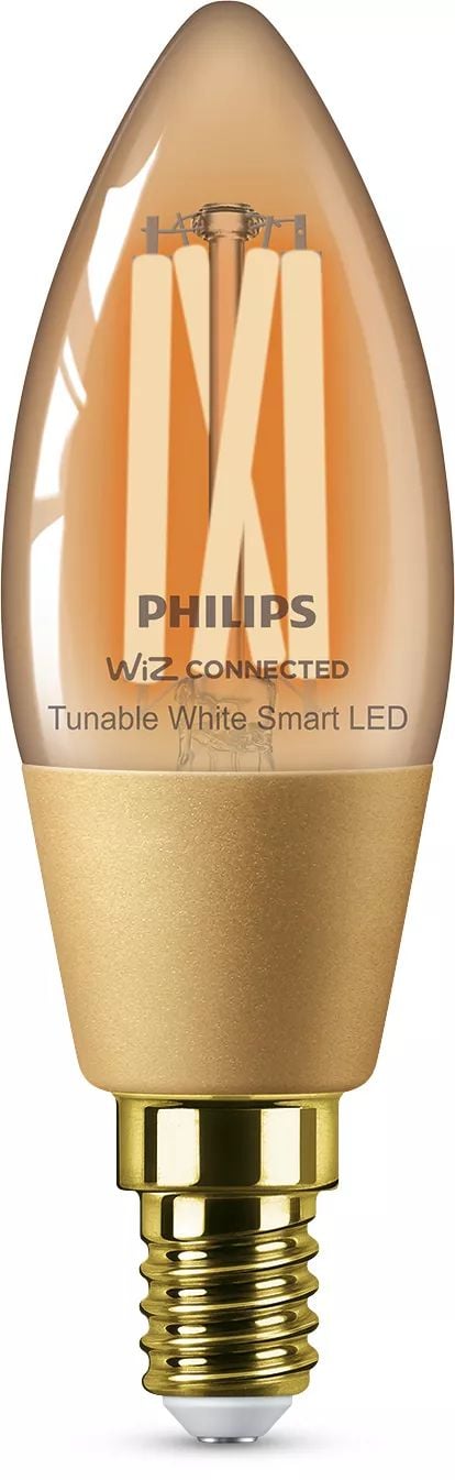 Philips Tunable white Filament C35, E14-ljuskälla, ravfärgad, 370 lm, Smart glödlampa, Wi-Fi/Bluetooth, Guld, Translucent, Wi-Fi 4 (802.11n), 802.1...