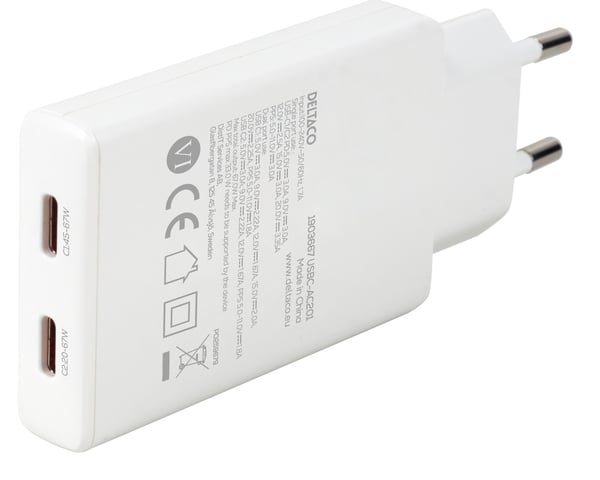 DELTACO USBC-AC201 USB-C-seinälaturi 67 W, 2x USB-C, ohut, valkoinen