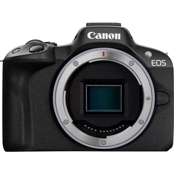 Canon EOS R50 -kamera, RF-S 18–45 mm + RF 75–300 mm, musta