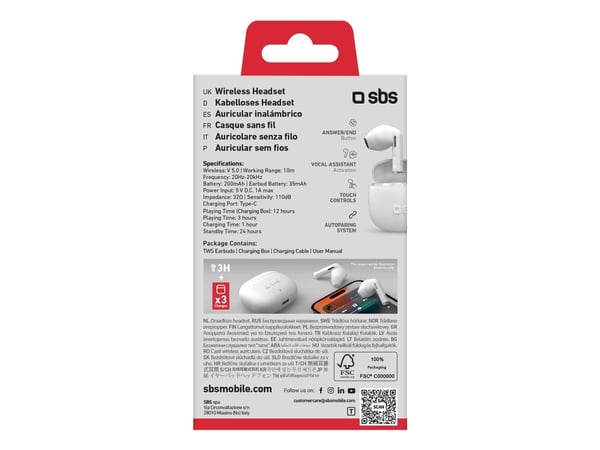 SBS TEEARTWSGOPODSW, True Wireless Stereo (TWS), Puhelut/Musiikki, 50 g, Kuulokkeet, Valkoinen