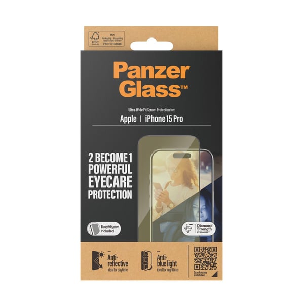 PanzerGlass™ | Ultra-Wide Fit - Skjermbeskyttelse for mobiltelefon - EyeCare Protection | Apple iPhone 15 Pro