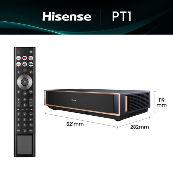 Hisense PT1 4K-laserprojektori, 2500 ANSI-lumenia, 80–150 tuumaa, musta