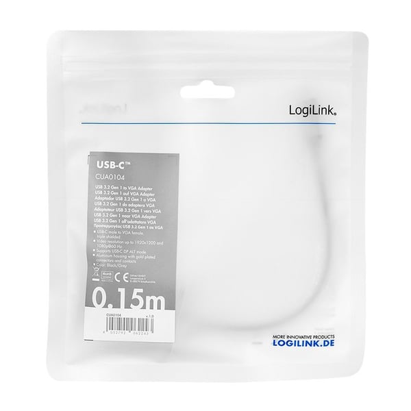 LogiLink CUA0104, 0,15 m, USB Type-C, VGA (D-Sub), Hankjønn, Hunkjønn, Rett