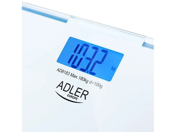 Adler AD 8183, Sähkökäyttöinen henkilövaaka, 180 kg, 100 g, Sininen, Valkoinen, kg, lb, ST, Neliö
