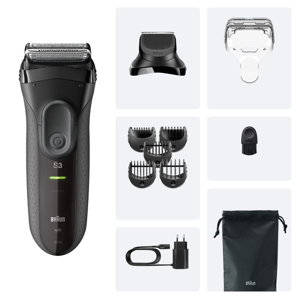 Braun 3000BT, Teräverkollinen parranajokone, Musta, Harmaa, LED, Akku, Sisäänrakennettu akku, 45 min