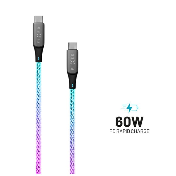 FIXED - USB-kabel - USB-C (hann) til USB-C (hann) - 1.2 m - USB-C Power Delivery (60W), RGB-belysning, glowing - regnbue