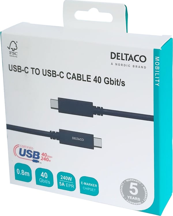DELTACO - USB-kabel - USB-C (hane) till USB-C (hane) - USB4 Gen 3 - 5 A - 80 cm - utökat effektområde (EPR) - svart