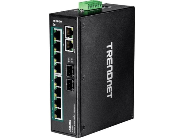 TRENDnet TI-PG102 - Switch - ikke-styrt - 8 x 10/100/1000 (PoE+) + 2 x kombo-Gigabit SFP - DIN-skinnemonterbar, veggmonterbar - PoE+ (240 W) - DC-s...