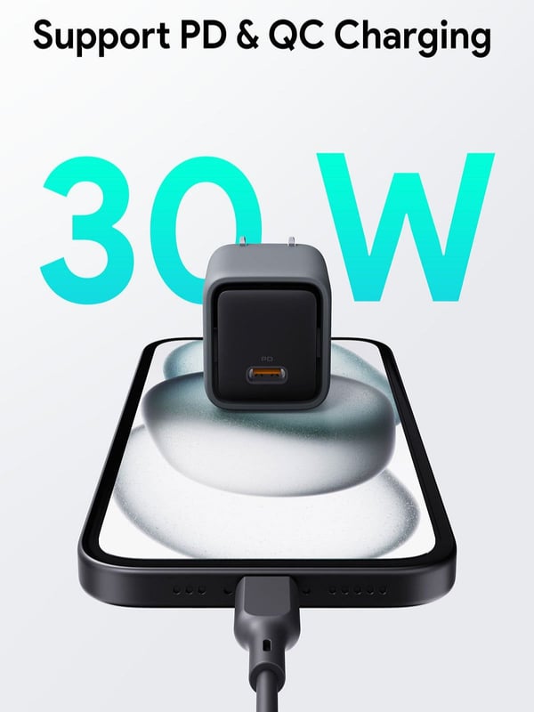 Aukey Comet - Strømadapter - foldable, with GaN technology - 30 watt - 3 A - Power Delivery 3.0 + PPS, QC 4.0+, QC 3.0, Apple 2.4A, FC (24 pin USB-C)