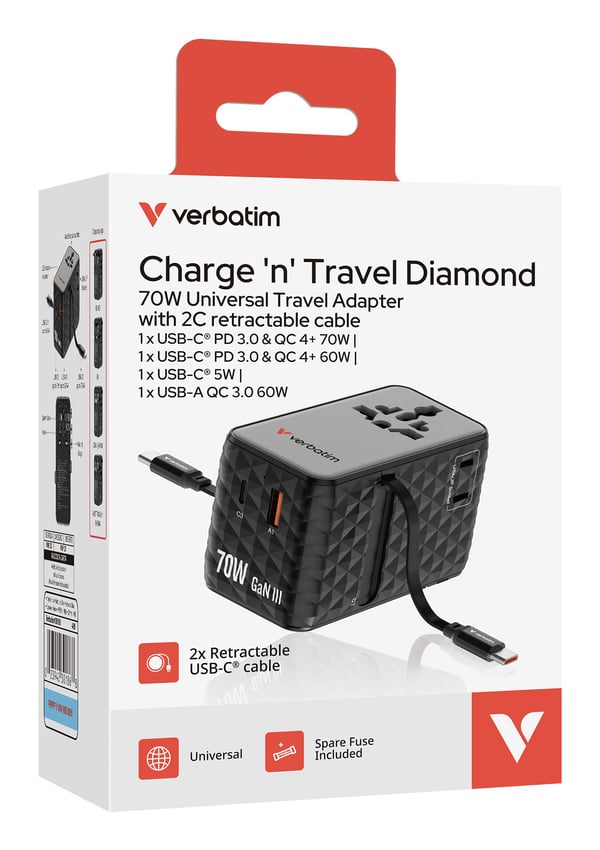Verbatim 30186 matka-adapteri 70 W Charge 'n' Travel GaN 3 USB-C + 1 USB-A