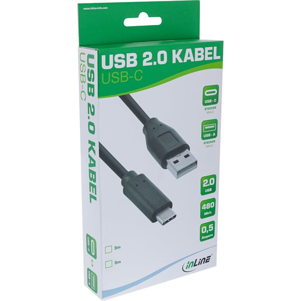 InLine 35735 USB-C til USB-A-kabel, 5 m, USB 2.0, 0,48 Gbit/s, svart