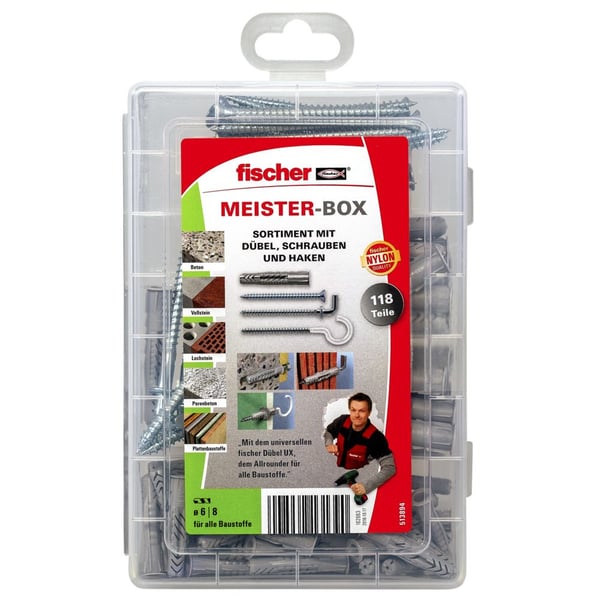 Fischer MEISTER-BOX UX, Ruuvi- ja seinäpistokesarja, Betoni, Harmaa, 75 kpl, Laatikko