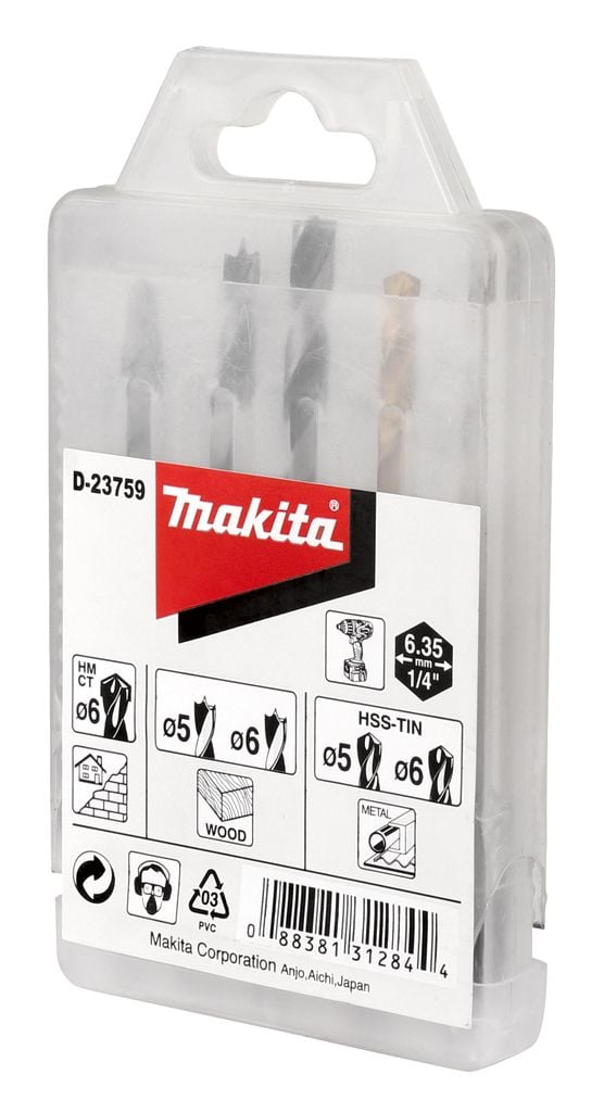 Makita D-23759, Poranteräsetti, Oikeanpuoleinen kierto, Tiili, Metalli, Puu, Titaanipäällysteinen pikateräs (HSS-TiN), 5 kpl
