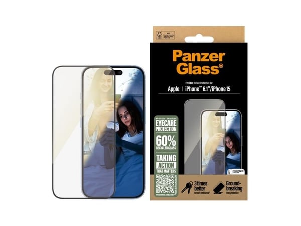 PanzerGlass Eyecare - Skjermbeskyttelse for mobiltelefon - ultrabred passform - glass - rammefarge svart - for Apple iPhone 16