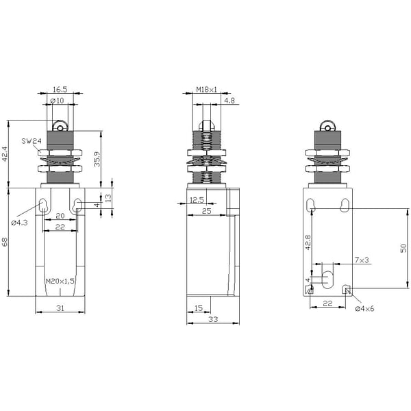 Siemens 3SE52320KD10 3SE5232-0KD10 Asentokytkin 6 A, rullatyrmä, muovirulla, IP65, 1 kpl, muovi, IP65, 43 mm, 49 mm, 127 mm, 106 g