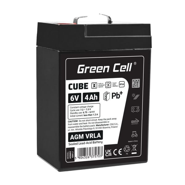 Green Cell AGM6V4AH-J, 6 V, 4 ah, 1 kpl, 5 vuosi/vuosia, Musta, Sealed Lead Acid (VRLA)