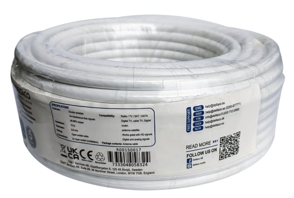 DELTACO - Samlet kabel - 20 m - 6.6 mm - dobbeltskjermet koaksial - RG-6 - hvit