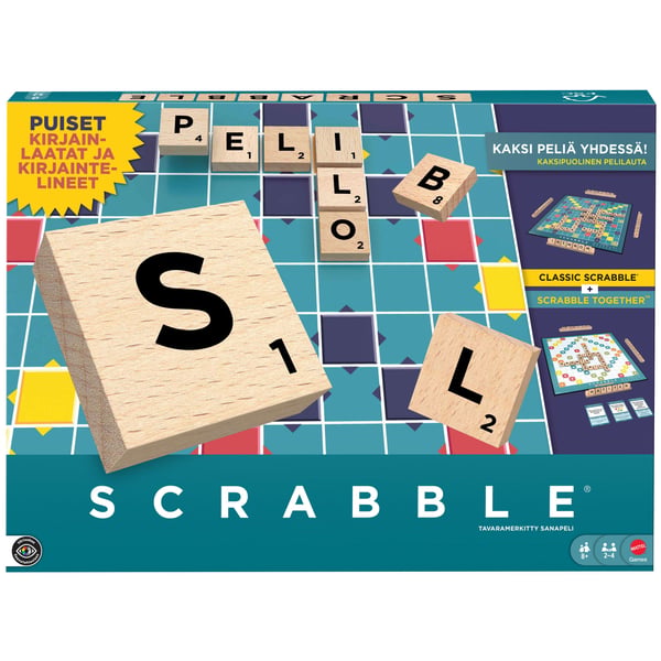 Mattel Games Scrabble-brädspel, ordspel för hela familjen med träbrickor och ställ och två sätt att spela, finsk utgåva, Brädspel, Word, 8 År, Fami...