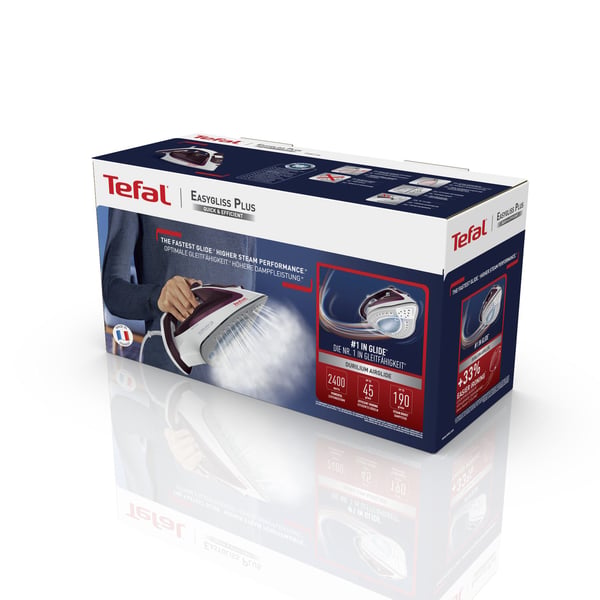 Tefal EasyGliss Plus FV5714, Kuiva- & höyrysilitysrauta, Durilium-pohjalevy, 2 m, 190 g/min, Bordeaux, Valkoinen, 45 g/min