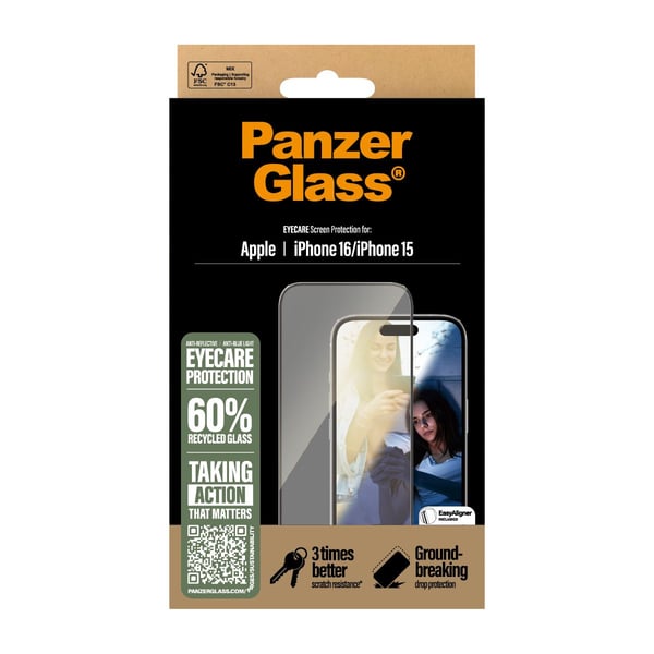 PanzerGlass Eyecare - Skjermbeskyttelse for mobiltelefon - ultrabred passform - glass - rammefarge svart - for Apple iPhone 16