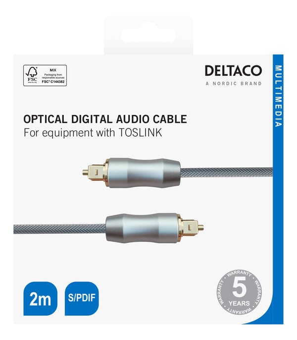 DELTACO - Digial audiokabel (optisk) - TOSLINK hane till TOSLINK hane - 2 m - svart