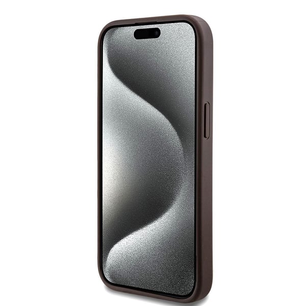 Originalt GUESS frontpaneldeksel GUHMP15SG4GFRW for iPhone 15 (kompatibel med Magsafe / 4G Ring klassisk logo / Brun)