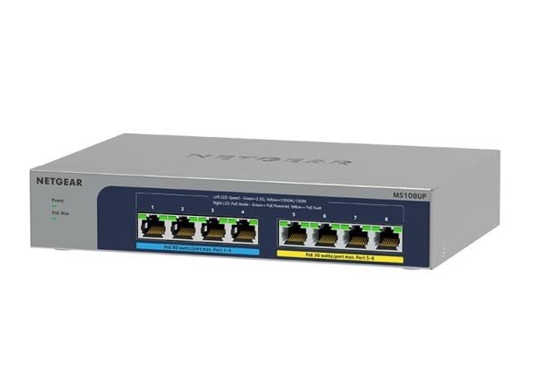 NETGEAR MS108UP, Hallitsematon, 2.5G Ethernet (100/1000/2500), Täysin kaksipuolinen, Power over Ethernet -tuki, Seinäkiinnitteinen