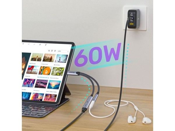Unitek - USB-C til hodetelefonjakk / ladeadapter - 24 pin USB-C hann til minijakk, 24 pin USB-C hunn - 14 cm - romgrå - USB Power Delivery (60W)