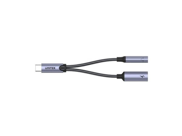 Unitek - USB-C til hodetelefonjakk / ladeadapter - 24 pin USB-C hann til minijakk, 24 pin USB-C hunn - 14 cm - romgrå - USB Power Delivery (60W)